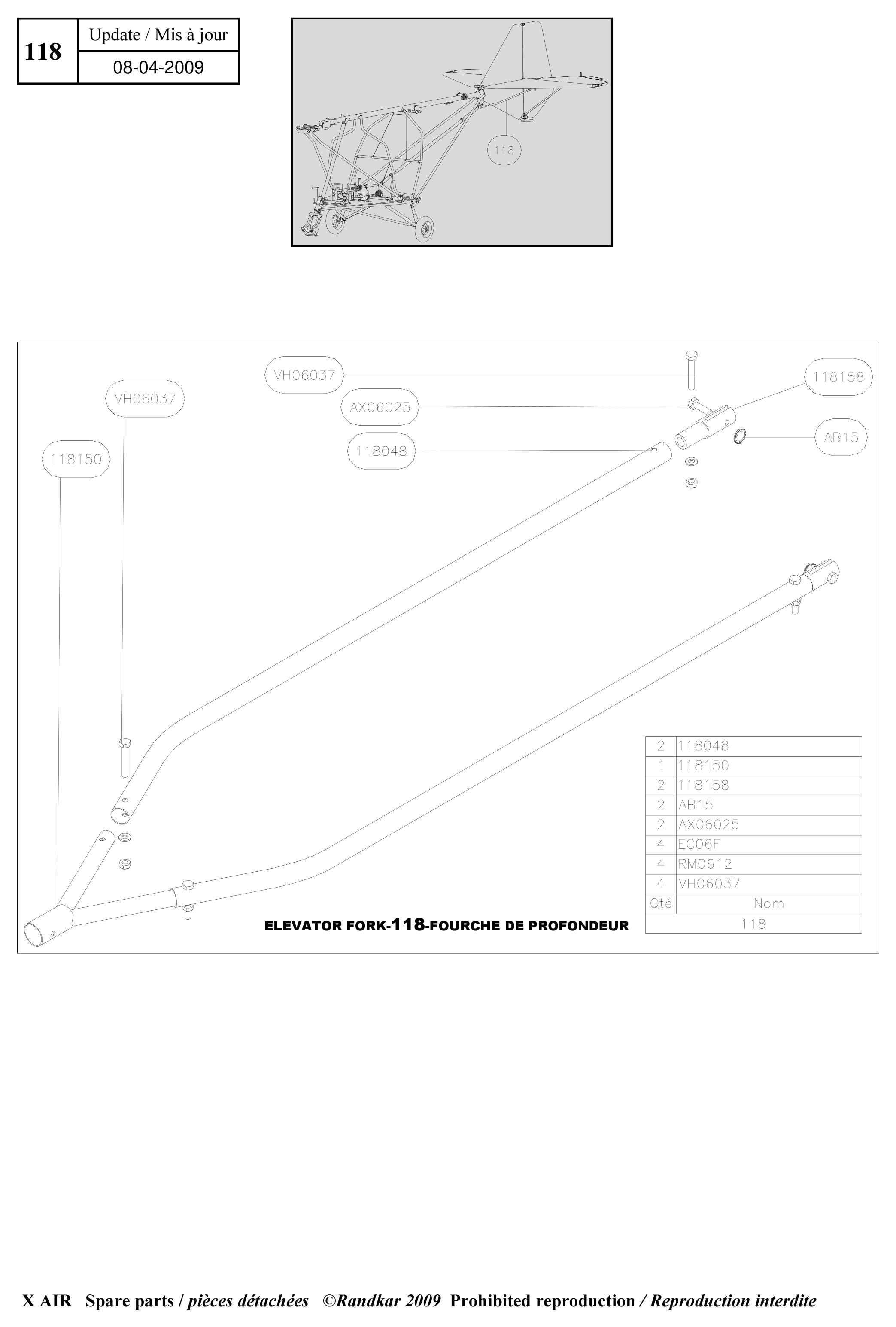 Elevator fork – X-Air parts diagram