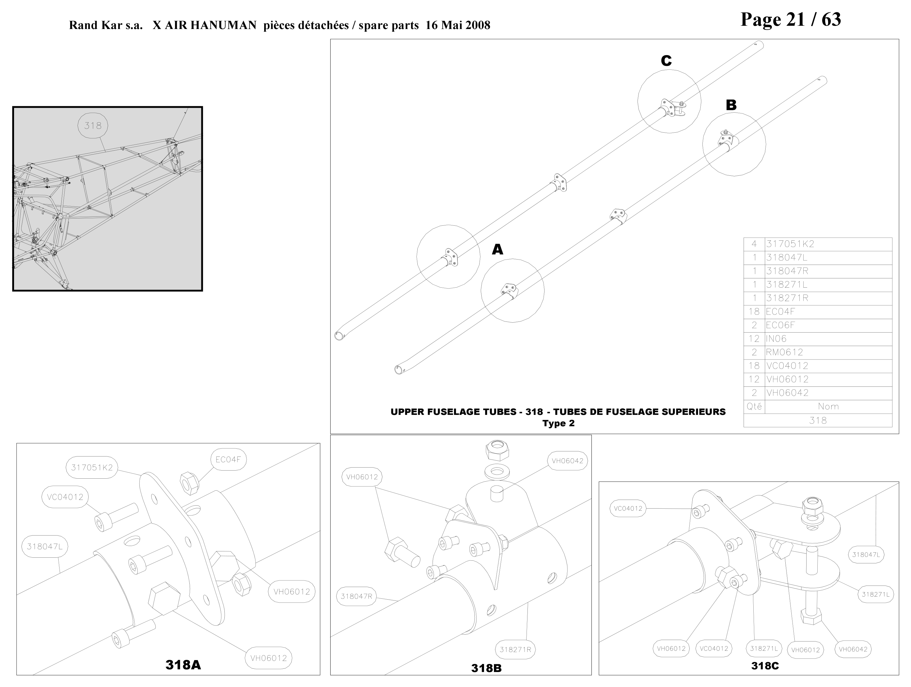 318047R – Upper fuselage tube (Hanuman) spare part diagram
