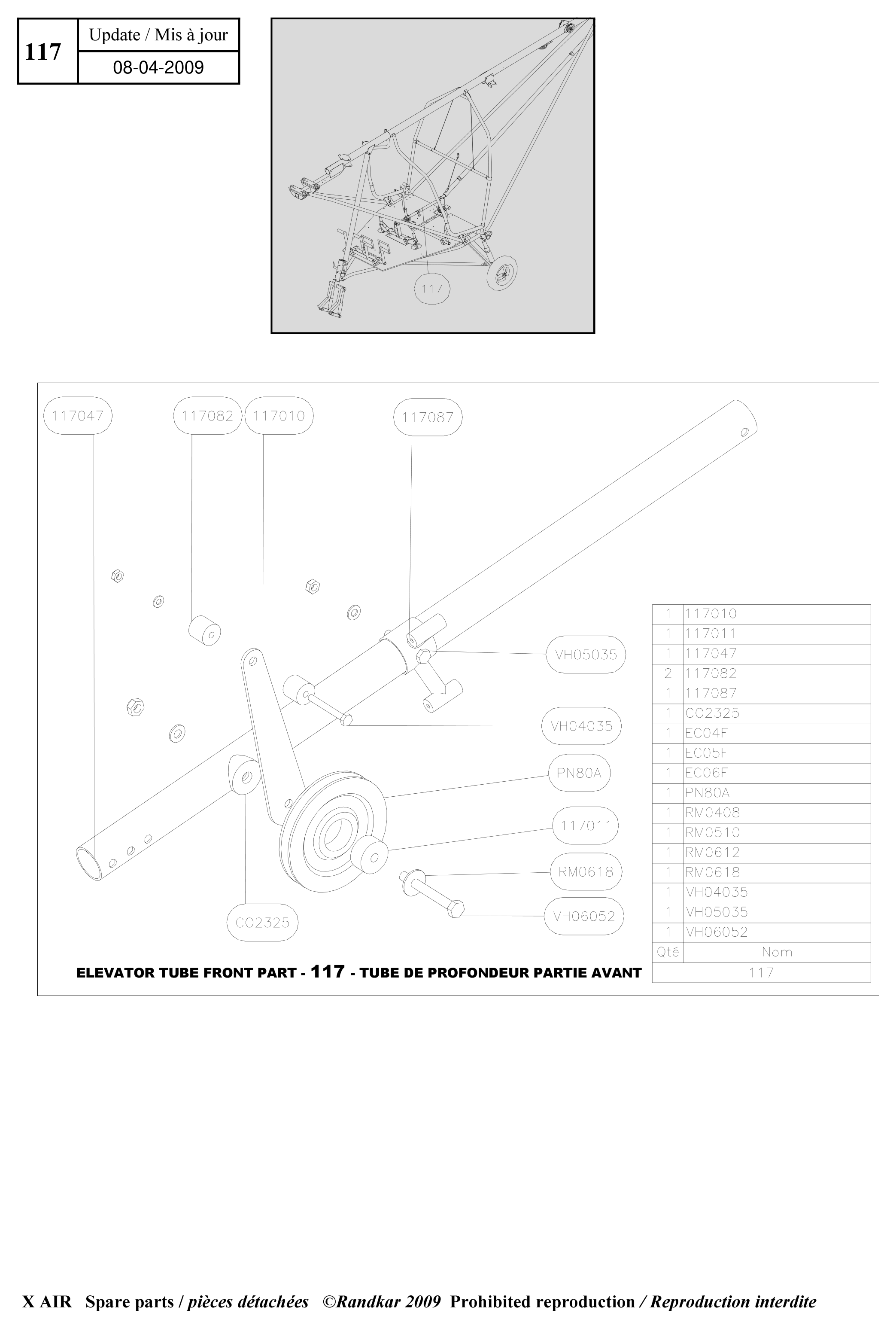 RM0510 – Elevator tube front part (X-Air) spare part diagram